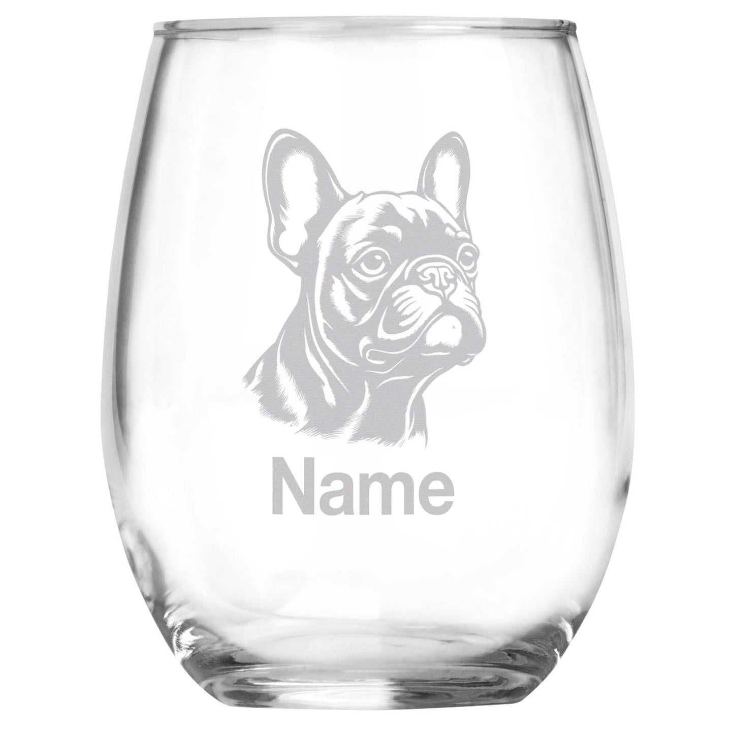 Personalized French Bulldog Breed Themed Stemless Wine Glass with Custom Name, Engraved Dog Lovers Gift, Unique Pet Owner Keepsake for Dog Mom or Dad