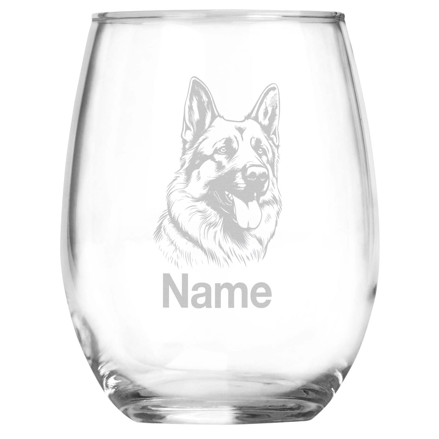 Personalized German Shepherd Breed Themed Stemless Wine Glass with Custom Name, Engraved Dog Lovers Gift, Unique Pet Owner Keepsake for Dog Mom or Dad