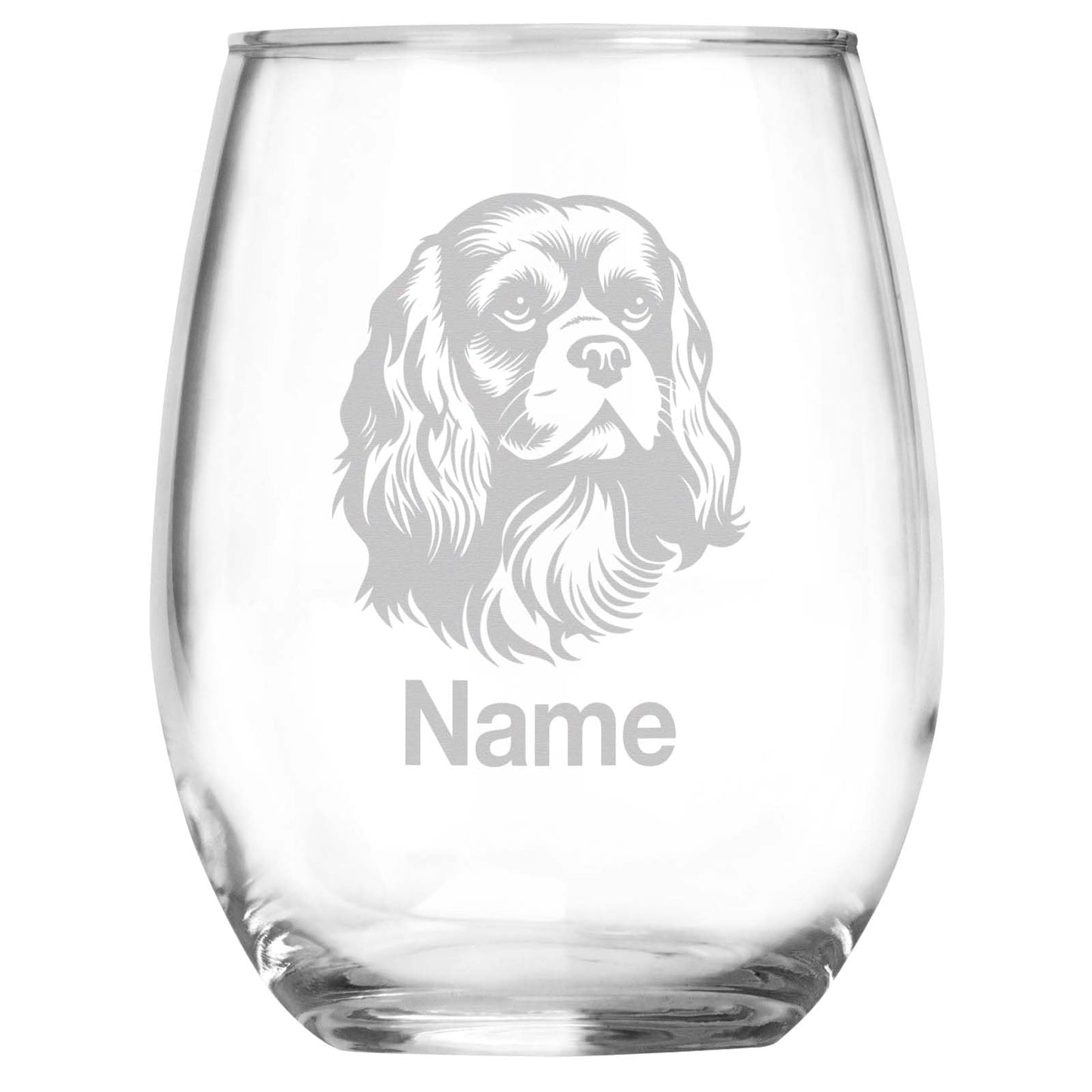 Personalized Cavalier King Charles Spaniel Breed Themed Stemless Wine Glass with Custom Name, Engraved Dog Lovers Gift, Unique Pet Owner Keepsake for Dog Mom or Dad