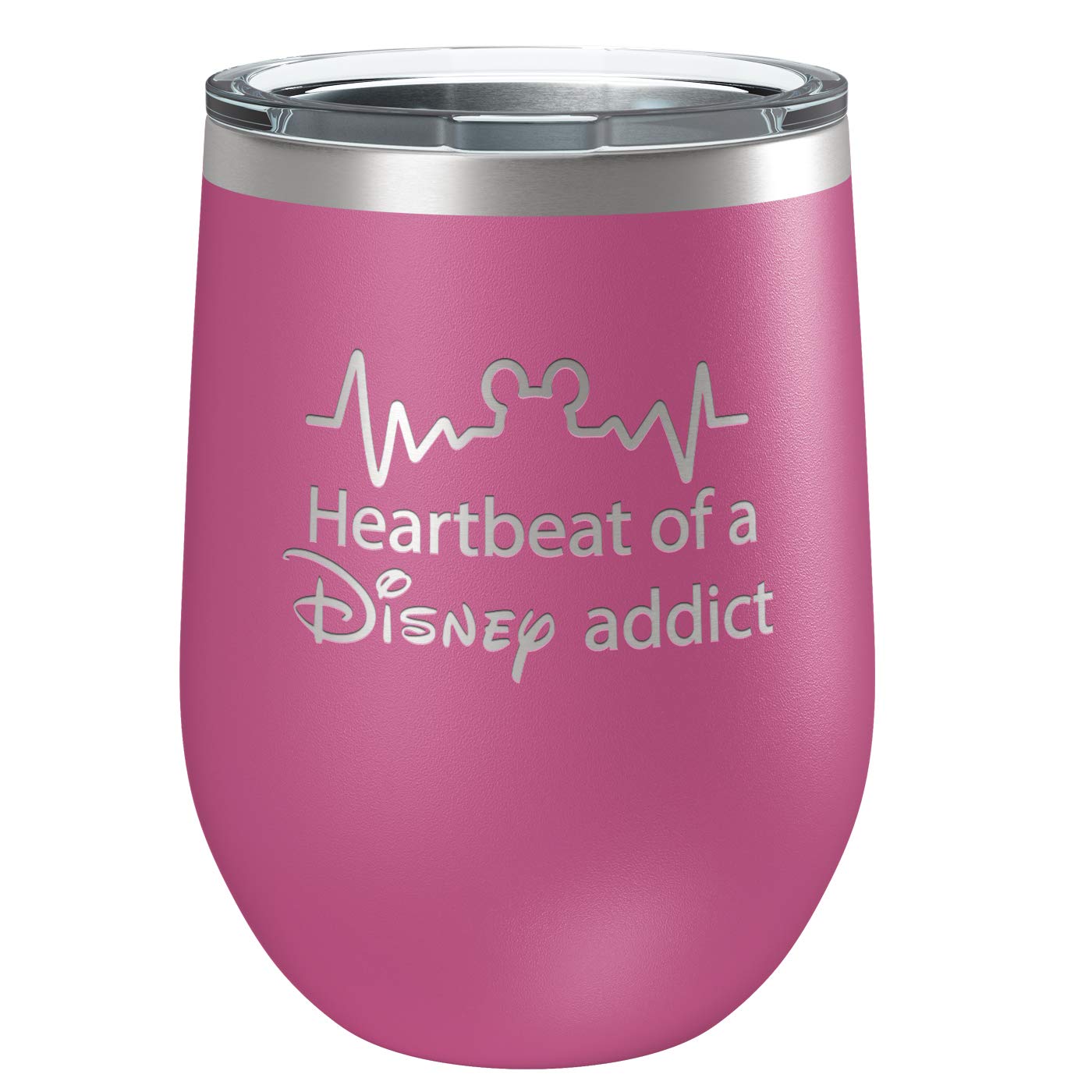 Funny Disney-Inspired Stainless Steel Wine Tumbler with Lid | Vacuum Insulated Mug | Mickey Mouse Fan | Humorous Birthday | Housewarming Gift | Heartbeat of a Disney Addict (Pink)