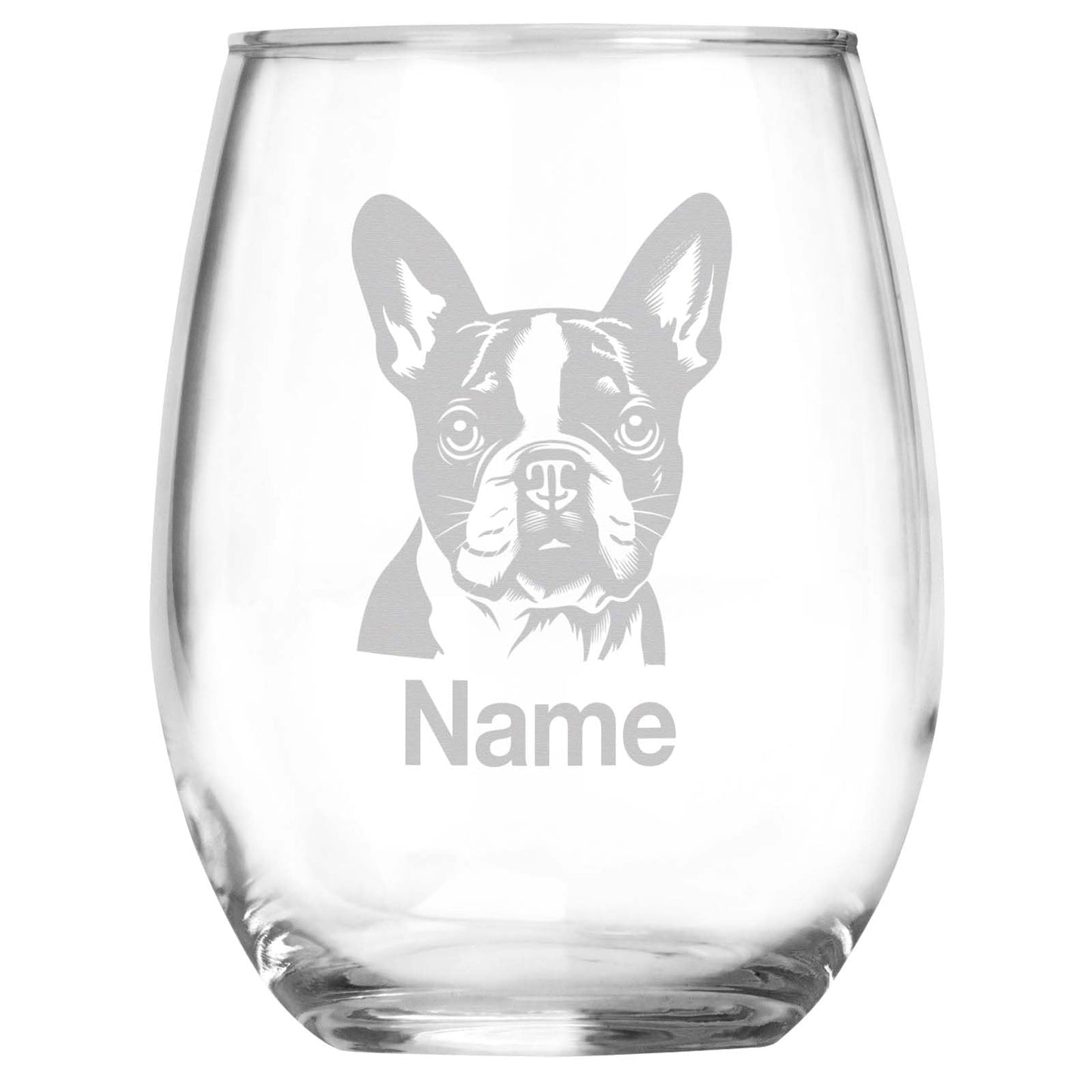 Personalized Boston Terrier Breed Themed Stemless Wine Glass with Custom Name, Engraved Dog Lovers Gift, Unique Pet Owner Keepsake for Dog Mom or Dad