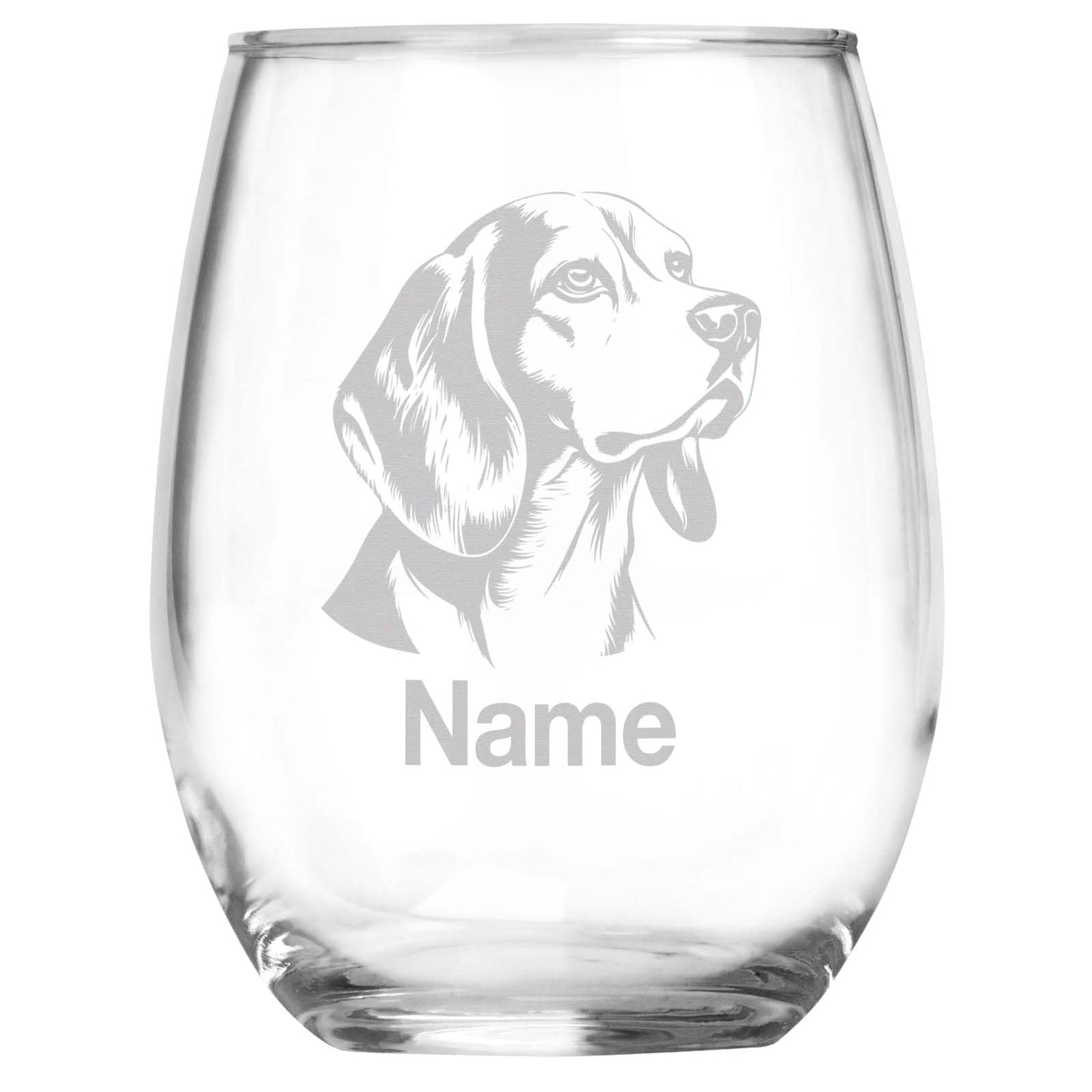 Personalized Beagle Breed Themed Stemless Wine Glass with Custom Name, Engraved Dog Lovers Gift, Unique Pet Owner Keepsake for Dog Mom or Dad
