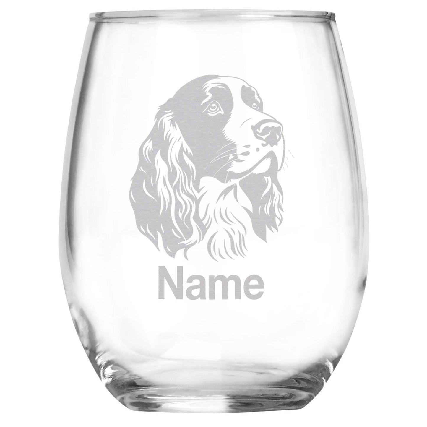 Personalized English Springer Spaniel Breed Themed Stemless Wine Glass with Custom Name, Engraved Dog Lovers Gift, Unique Pet Owner Keepsake for Dog Mom or Dad