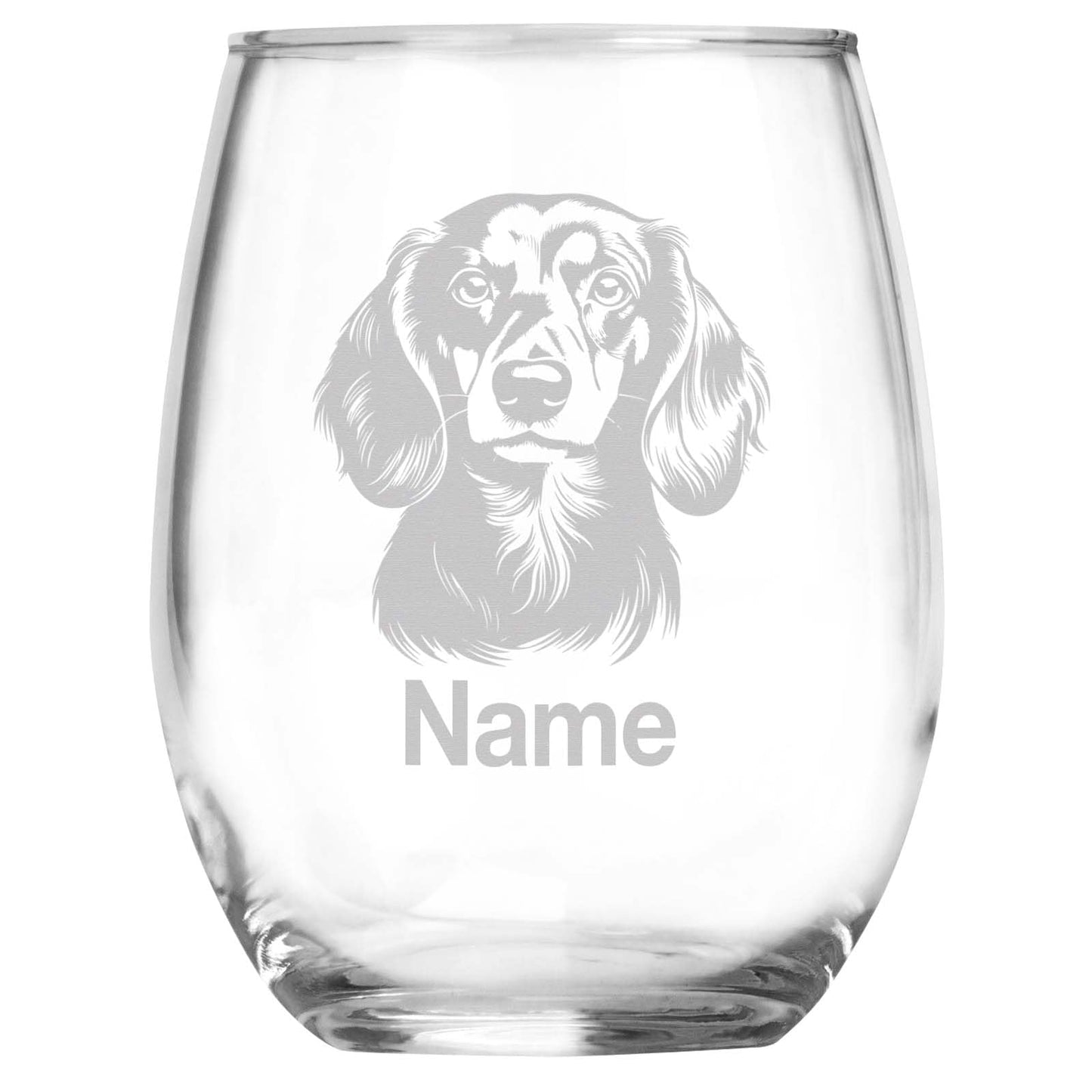 Personalized Dachshund Breed Themed Stemless Wine Glass with Custom Name, Engraved Dog Lovers Gift, Unique Pet Owner Keepsake for Dog Mom or Dad