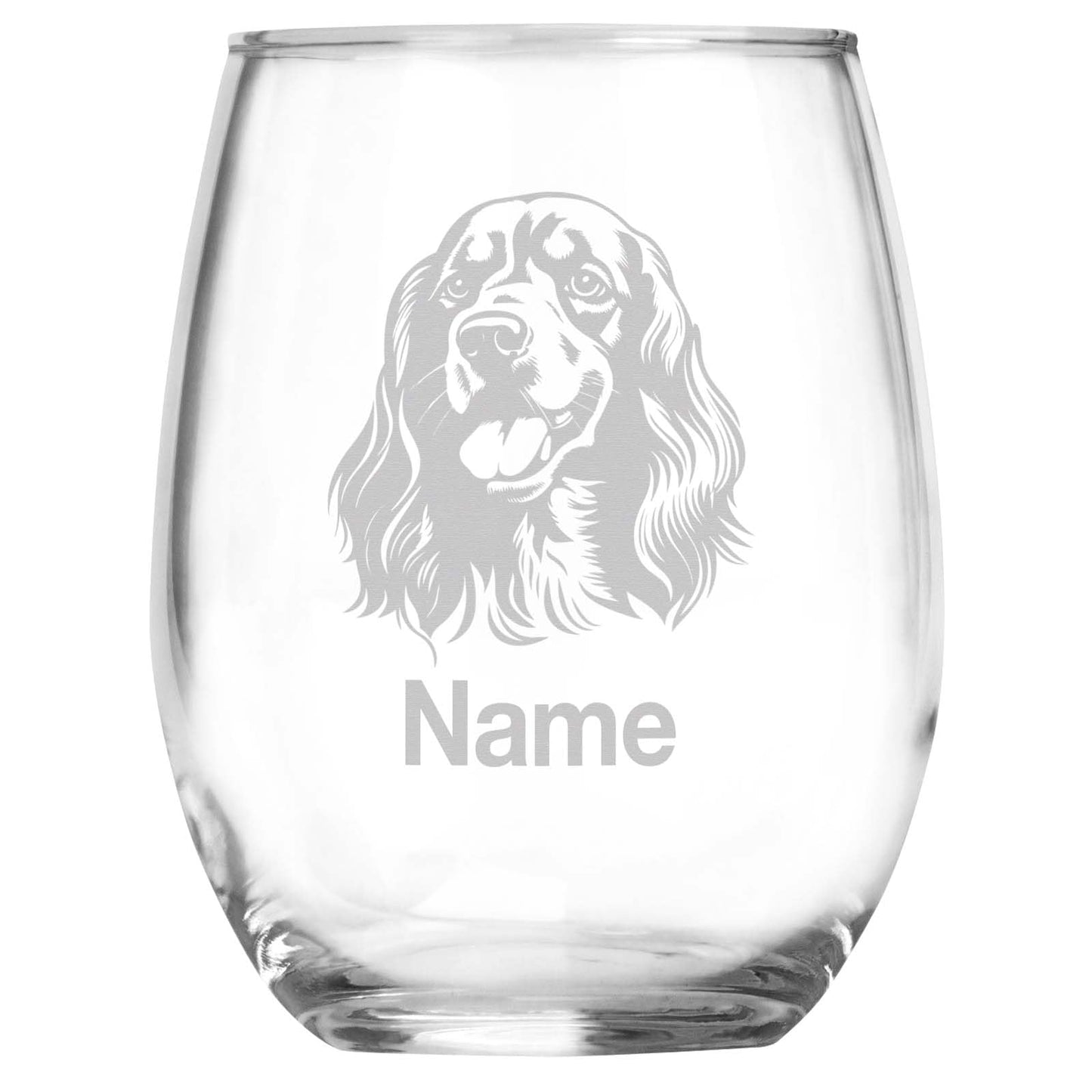 Personalized Cocker Spaniel Breed Themed Stemless Wine Glass with Custom Name, Engraved Dog Lovers Gift, Unique Pet Owner Keepsake for Dog Mom or Dad