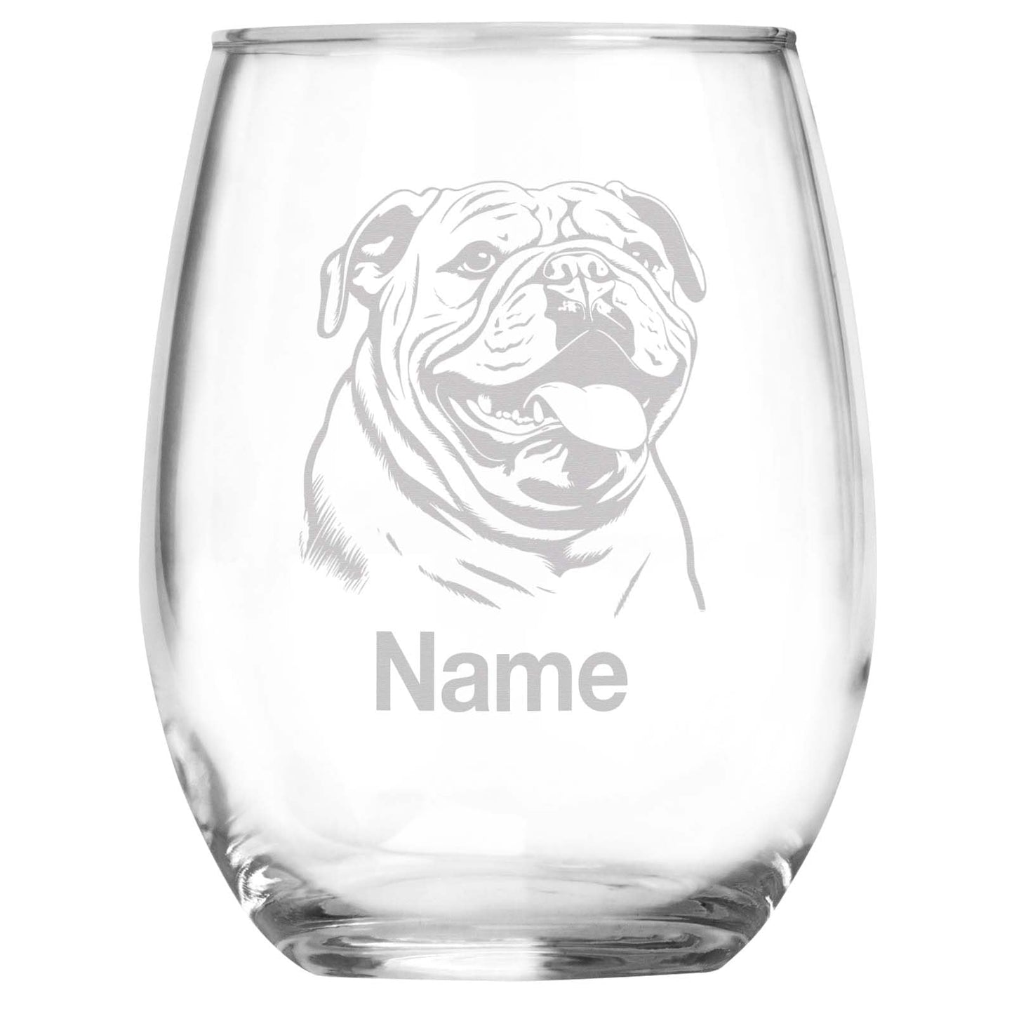 Personalized Bulldog Breed Themed Stemless Wine Glass with Custom Name, Engraved Dog Lovers Gift, Unique Pet Owner Keepsake for Dog Mom or Dad