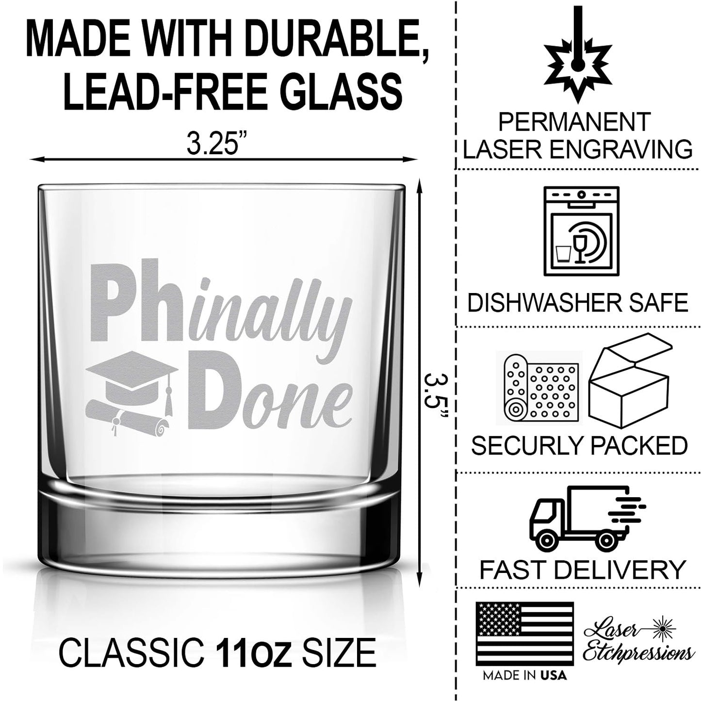 PHinally Done Engraved Whiskey Glass • Funny PhD Graduation Gift for Him or Her • Unique Whiskey Glass for Men or Women University Graduation