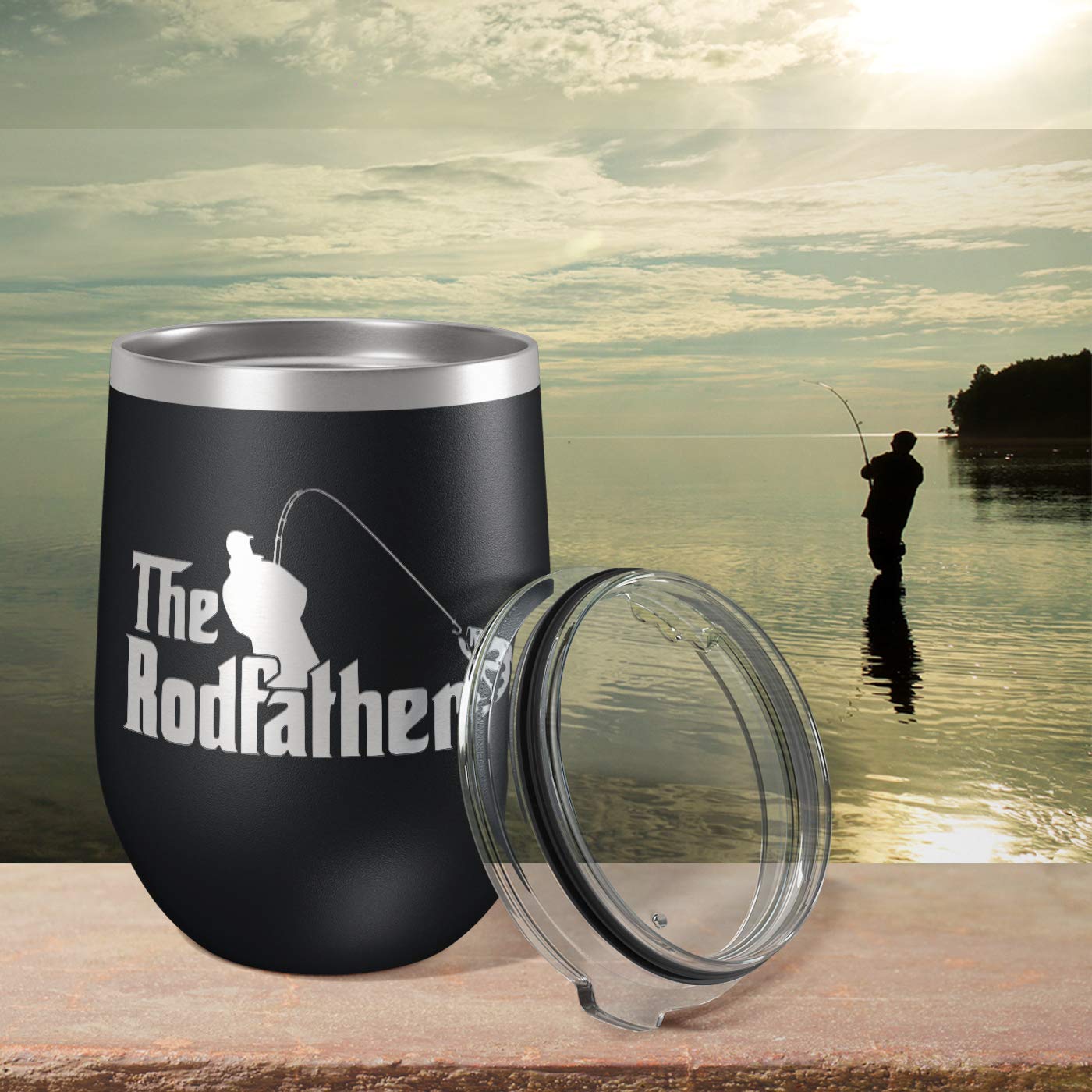 The RodFather | Insulated Stainless Steel Wine Tumbler with Lid | Cup for Hot and Cold Drinks with Graphics | Great Gift for Dad | Gift for Fisherman Funny |12 oz Matte Black | By Laser Etchpressions