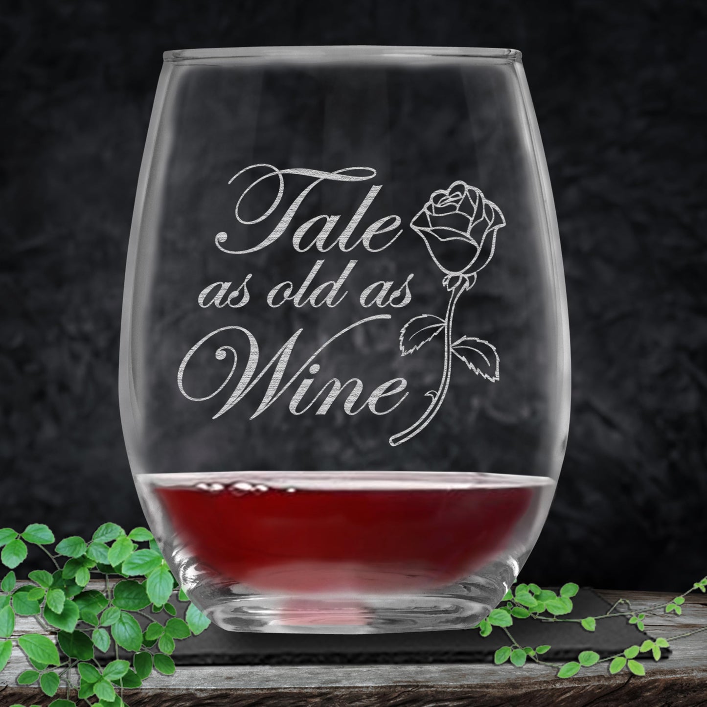 Tale as Old as Wine Engraved Wine Glass – Romantic Rose Glass for Fairytale & Wine Lovers, Gifts for Women, Weddings, and Anniversaries, Unique Birthday, Christmas Gift