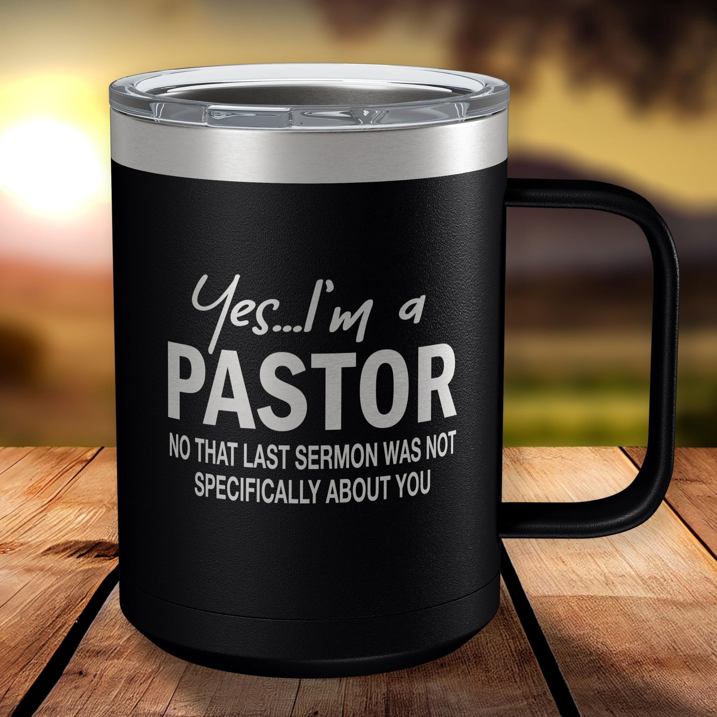 Funny Coffee Mug For Pastor • Funny Pastor Mug • Gift for Pastor • Engraved 15oz Coffee Tumbler w-Slider Lid • Yes I'm a Pastor