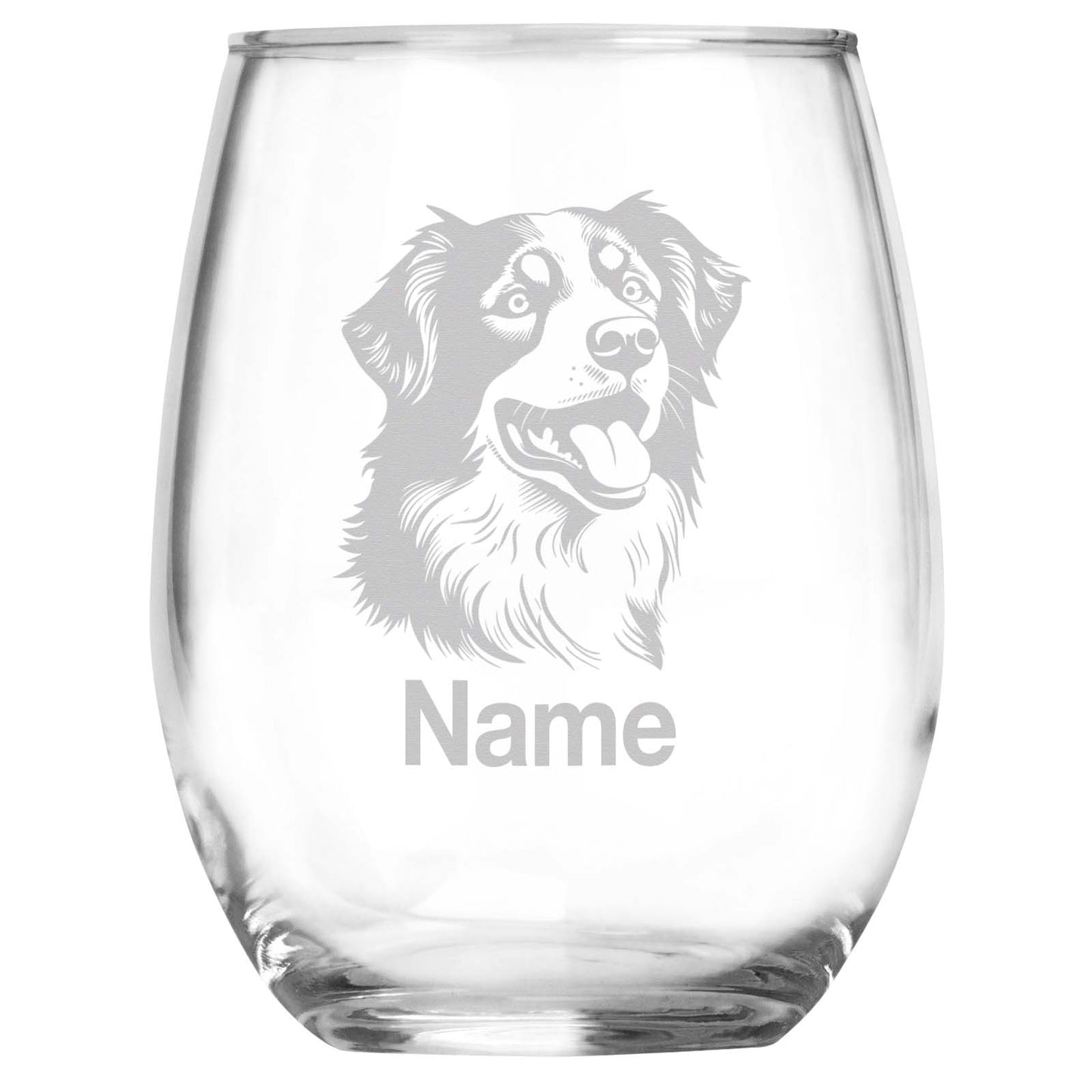 Personalized Australian Shepherd Breed Themed Stemless Wine Glass with Custom Name, Engraved Dog Lovers Gift, Unique Pet Owner Keepsake for Dog Mom or Dad