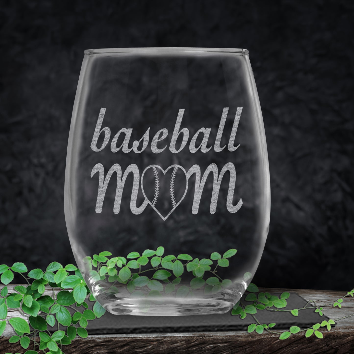 Baseball Mom Stemless Engraved Wine Glass • Present for Mom • Birthday • Mother's Day • Sister • Aunt