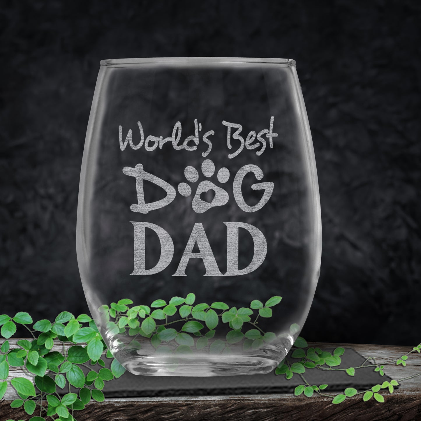 World's Best Dog Dad Stemless Wine Glass | Present for Grandpa, Father, Son, Brother, Uncle | Birthday | Christmas