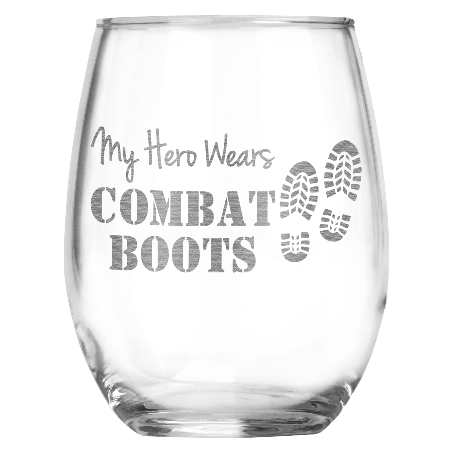 My Hero Wears Combat Boots Stemless Wine Glass - Engraved Gift for Military • Present for Him or Her • Army, Marines, Navy, Air Force