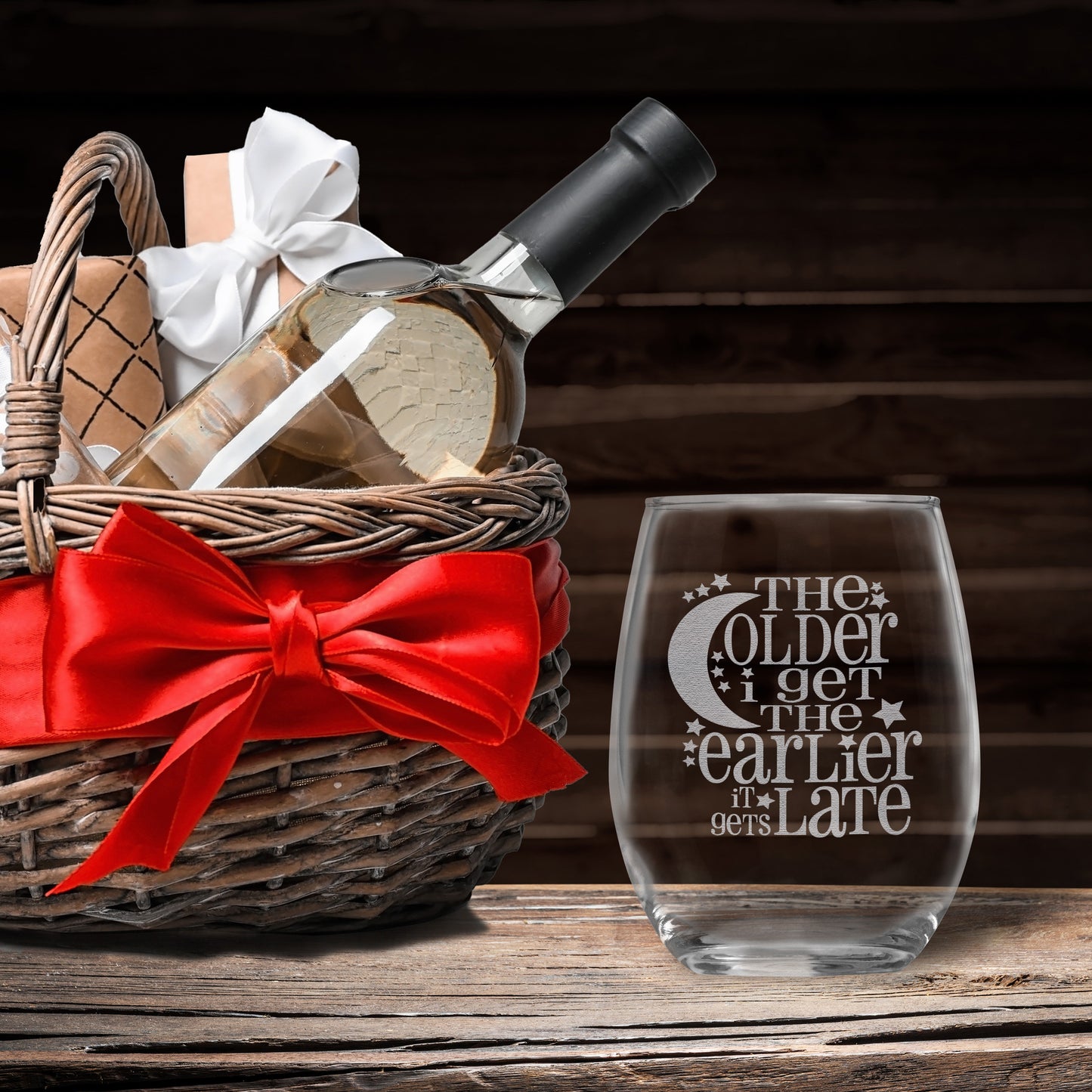 The Older I Get The Earlier It Gets Late Funny Engraved Stemless Wine Glass • Sarcastic Gift for Birthday, Christmas, Retirement