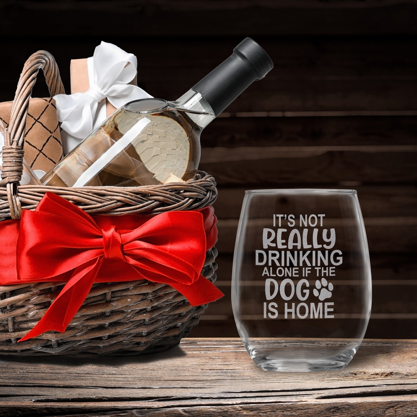 It's Not Drinking Alone if the Dog is Home • Funny Engraved 15oz Stemless Wine Glass for Dog Owners