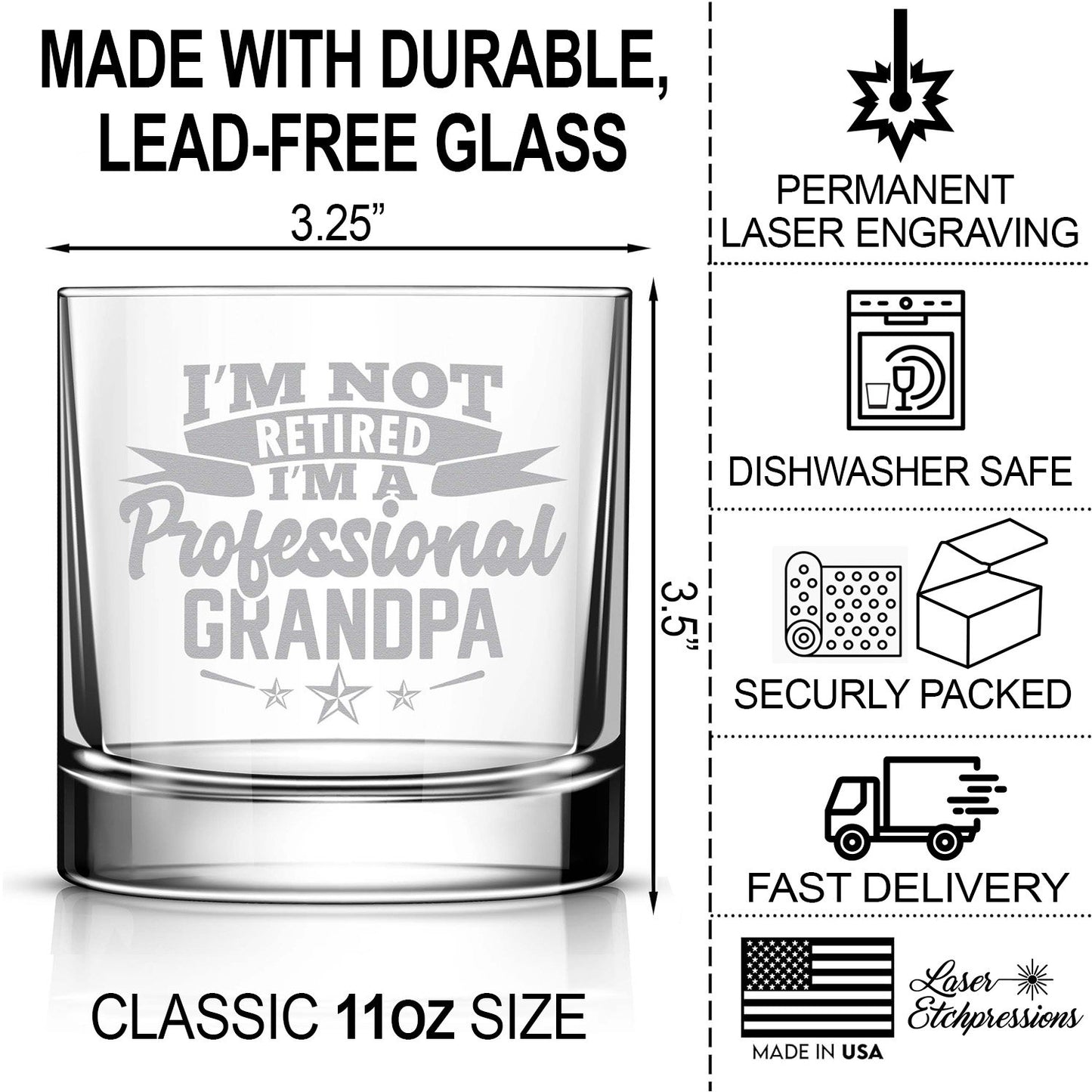 I'm Not Retired I'm A Professional Grandpa Engraved Whiskey Glass • Funny Gift for Christmas, Birthday • Father's Day • Retirement Gift