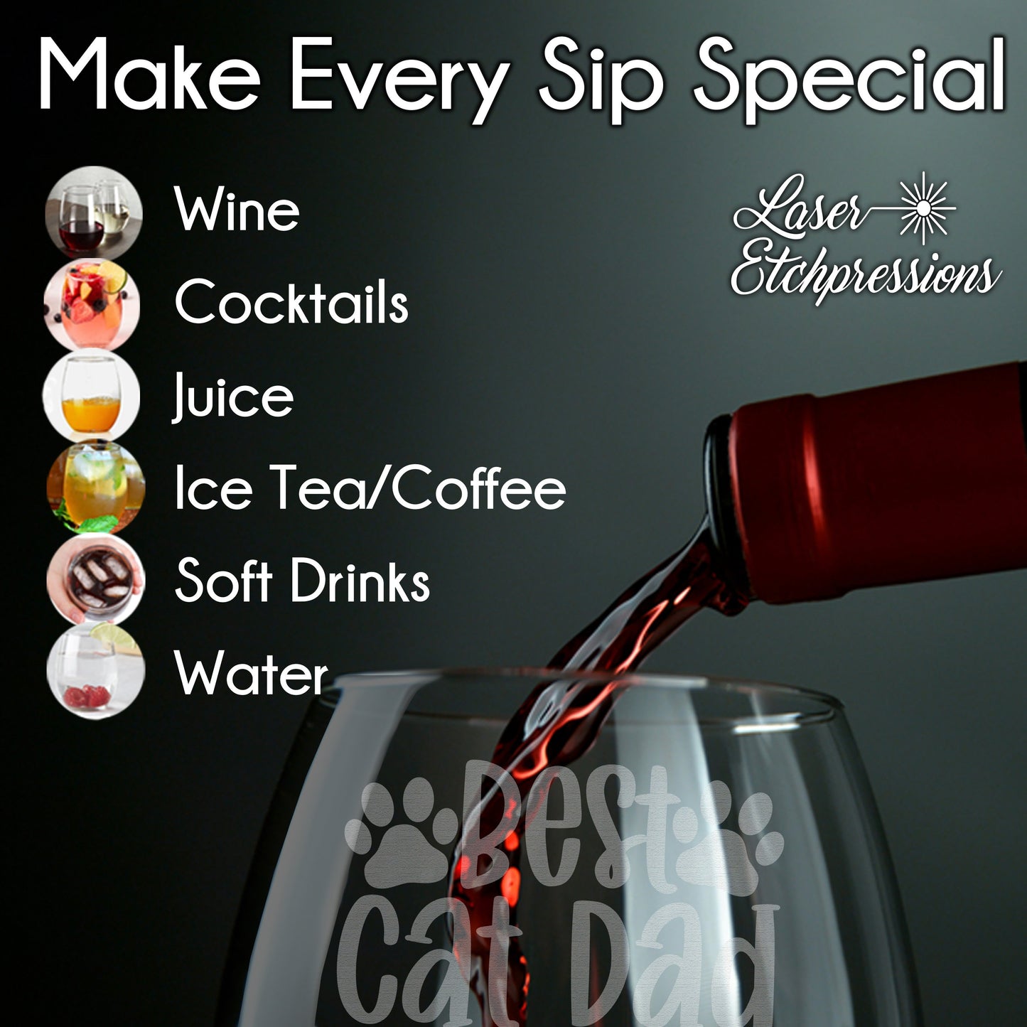 Cat Dad Gifts • Best Cat Dad Ever Engraved Stemless Wine Glass for Cat Owner • Unique Novelty Gift for Birthday, Christmas, Father's Day