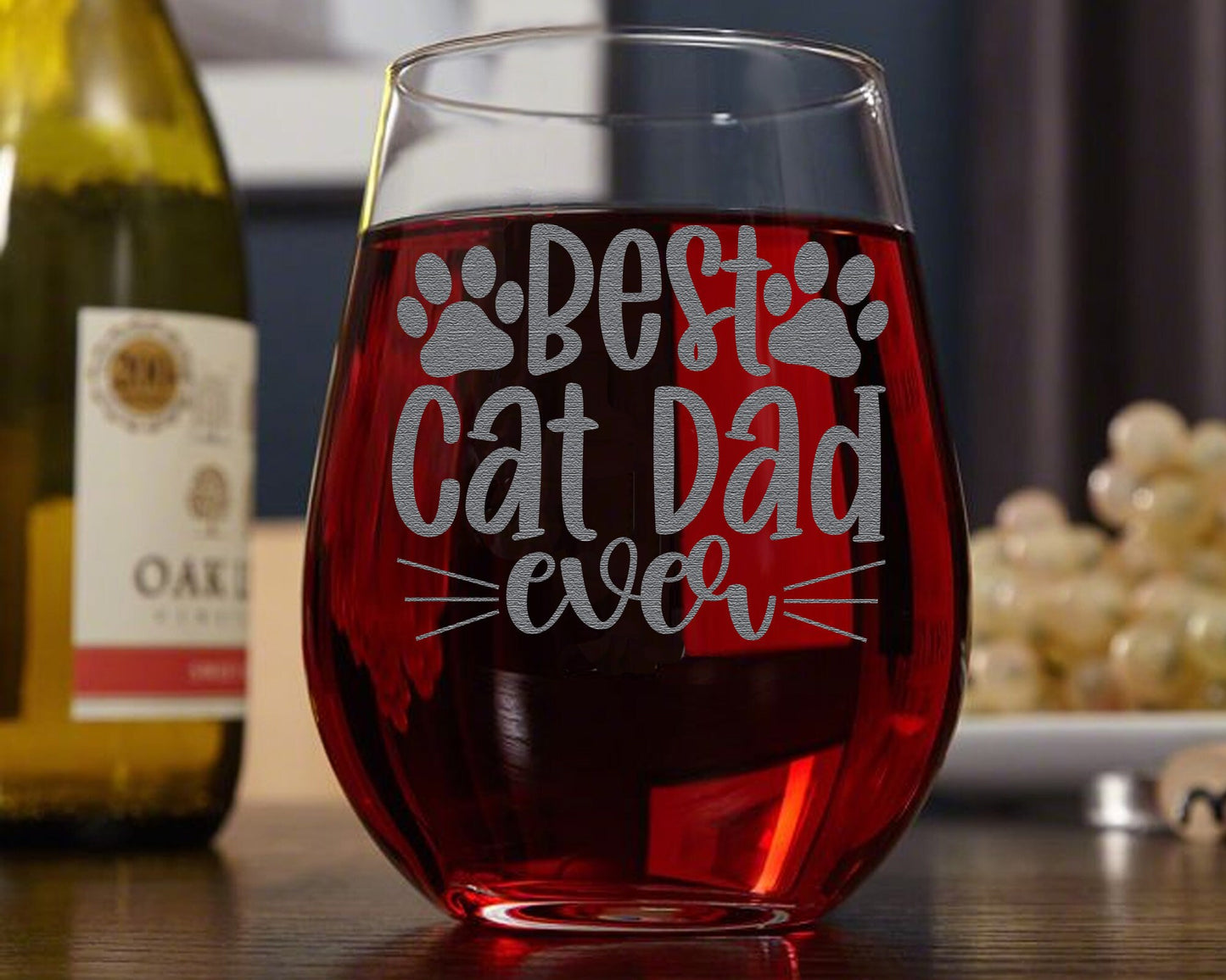 Cat Dad Gifts • Best Cat Dad Ever Engraved Stemless Wine Glass for Cat Owner • Unique Novelty Gift for Birthday, Christmas, Father's Day