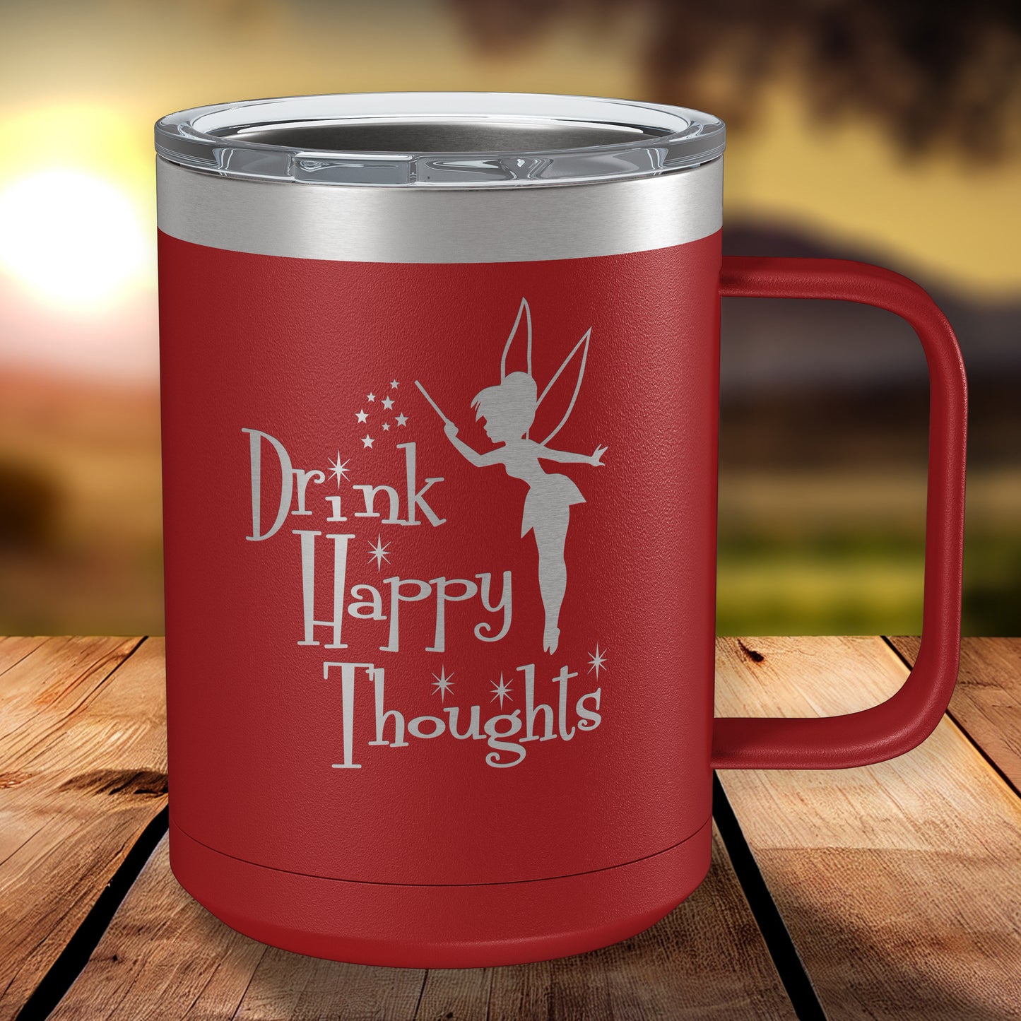 Drink Happy Thoughts 15oz Engraved Insulated Coffee Mug with Slider Lid • Fairy Gifts • Coffee Mug for Women • Happiest Place on Earth Fans