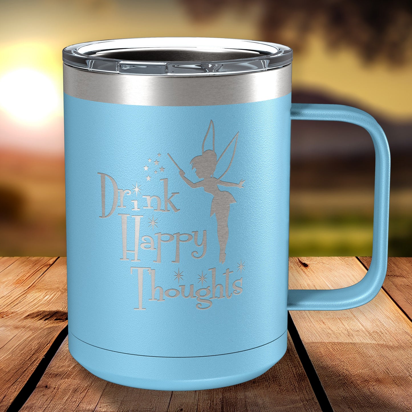 Drink Happy Thoughts 15oz Engraved Insulated Coffee Mug with Slider Lid • Fairy Gifts • Coffee Mug for Women • Happiest Place on Earth Fans