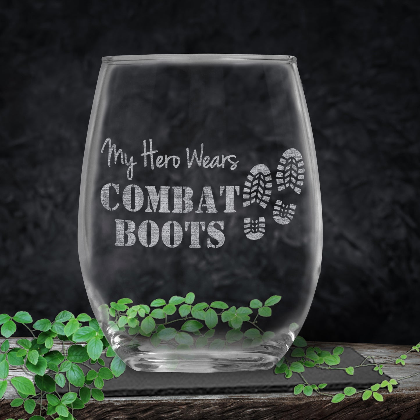 My Hero Wears Combat Boots Stemless Wine Glass - Engraved Gift for Military • Present for Him or Her • Army, Marines, Navy, Air Force
