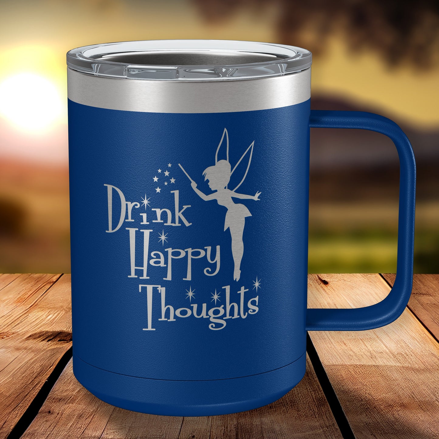 Drink Happy Thoughts 15oz Engraved Insulated Coffee Mug with Slider Lid • Fairy Gifts • Coffee Mug for Women • Happiest Place on Earth Fans