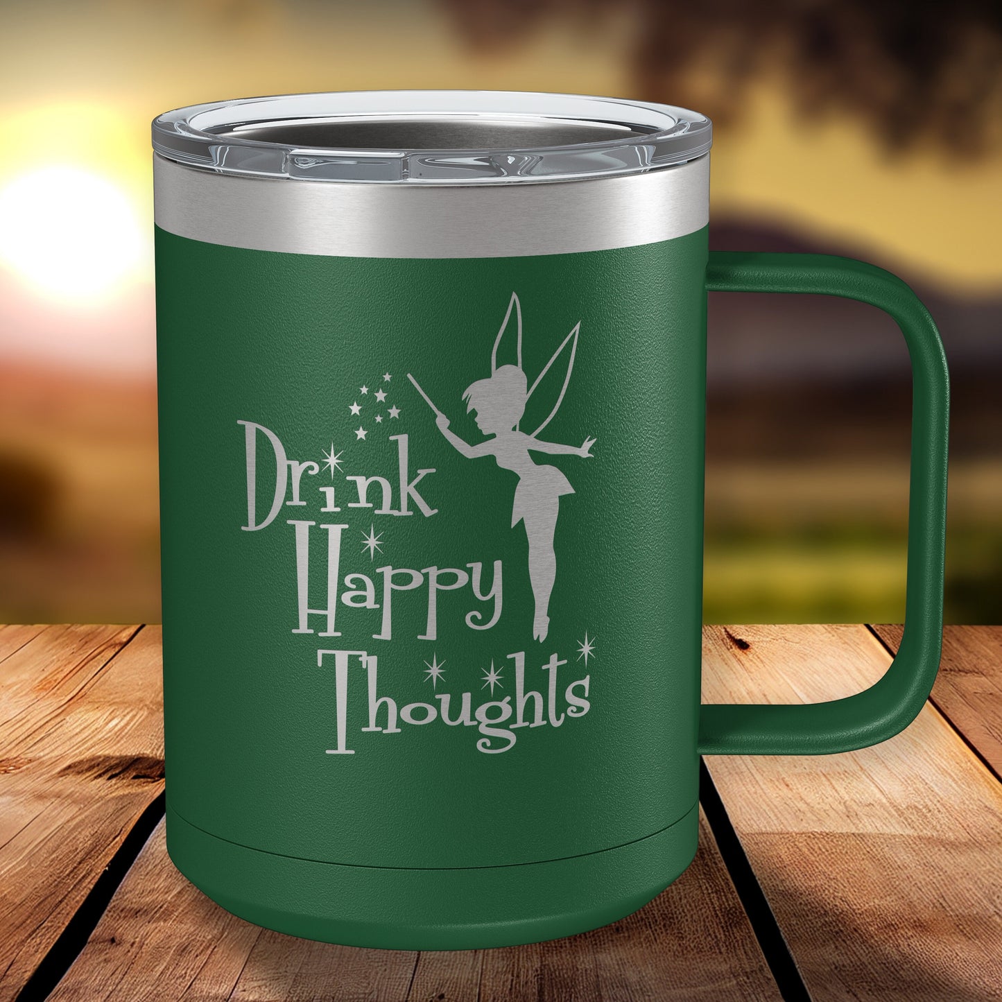 Drink Happy Thoughts 15oz Engraved Insulated Coffee Mug with Slider Lid • Fairy Gifts • Coffee Mug for Women • Happiest Place on Earth Fans