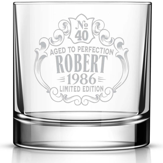 Birthday Personalized Whiskey Glass for Men and Women, Customized Engraved Rocks Glass, Aged to Perfection, Birthday Gift for Him and Her