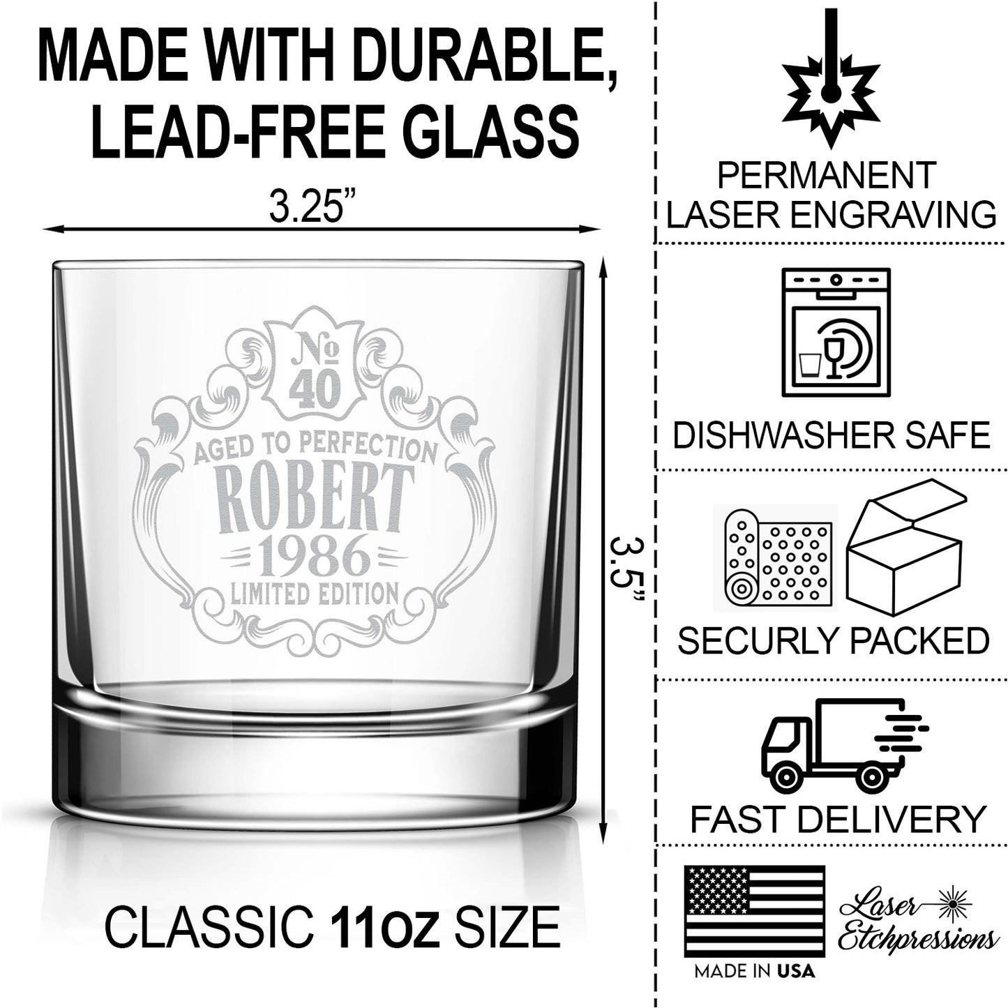 Birthday Personalized Whiskey Glass for Men and Women, Customized Engraved Rocks Glass, Aged to Perfection, Birthday Gift for Him and Her
