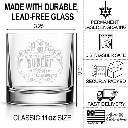 Birthday Personalized Whiskey Glass for Men and Women, Customized Engraved Rocks Glass, Aged to Perfection, Birthday Gift for Him and Her