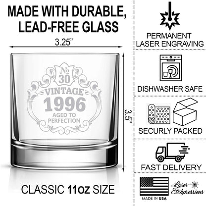 30th Birthday Engraved Whiskey Glass, Custom Engraved Rocks Glass, Vintage 1996 Aged to Perfection 11oz Old Fashioned Cocktail Glass