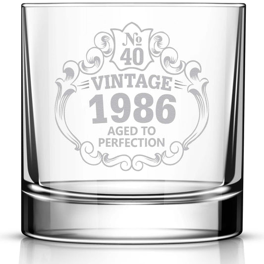40th Birthday Engraved Whiskey Glass, Custom Engraved Rocks Glass, Vintage 1986 Aged to Perfection 11oz Old Fashioned Cocktail Glass