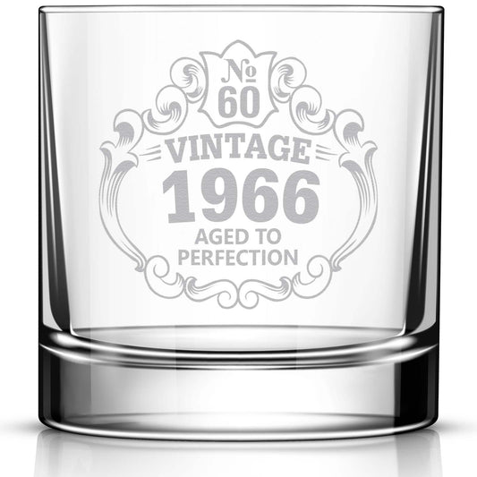 60th Birthday Engraved Whiskey Glass, Custom Engraved Rocks Glass, Vintage 1966 Aged to Perfection 11oz Old Fashioned Cocktail Glass
