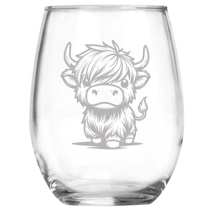 Highland Cow Collection, Set of 4 Engraved Wine Glass, Unique Highland Cow Lover Gift, Rustic Farmhouse Decor