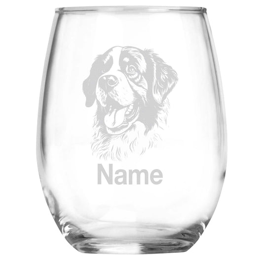 Personalized Saint Bernard Breed Themed Stemless Wine Glass with Custom Name, Engraved Dog Lovers Gift, Unique Pet Owner Keepsake for Dog Mom or Dad