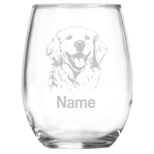 Personalized Golden Retriever Breed Themed Stemless Wine Glass with Custom Name, Engraved Dog Lovers Gift, Unique Pet Owner Keepsake for Dog Mom or Dad
