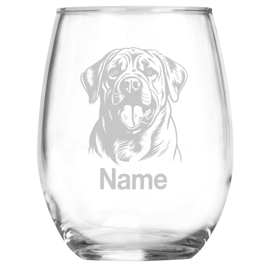 Personalized Mastiff Breed Themed Stemless Wine Glass with Custom Name, Engraved Dog Lovers Gift, Unique Pet Owner Keepsake for Dog Mom or Dad