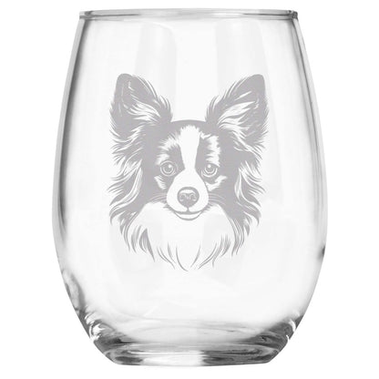 Papillon Breed Themed Engraved Stemless Wine Glass, Unique Pet Gift for Papillon Mom/Dad, Dog Lover Gifts for Her/Him