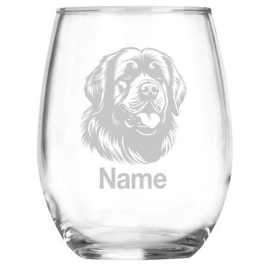 Personalized Newfoundland Breed Themed Stemless Wine Glass with Custom Name, Engraved Dog Lovers Gift, Unique Pet Owner Keepsake for Dog Mom or Dad