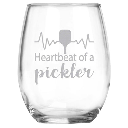 Pickleball Gifts for Women and Men, Heartbeat Of A Pickler Engraved Stemless Wine Glass, Funny Pickleball Player Gifts