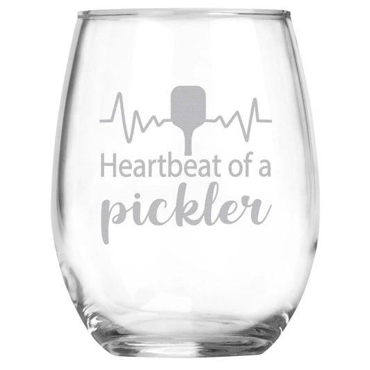 Pickleball Gifts for Women and Men, Heartbeat Of A Pickler Engraved Stemless Wine Glass, Funny Pickleball Player Gifts
