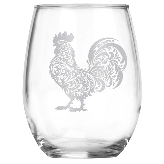 Rooster Stemless Wine Glass, Rustic Engraved Rooster Gift for Chicken Lovers, Farmhouse Wine Glass for Country Kitchens, Homesteaders & Backyard Farmers