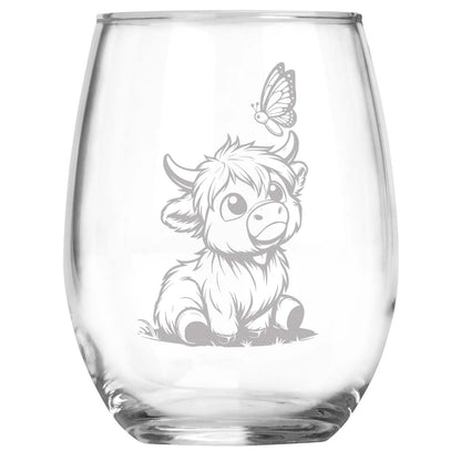 Highland Cow Collection, Set of 4 Engraved Wine Glass, Unique Highland Cow Lover Gift, Rustic Farmhouse Decor