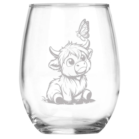 Highland Cow and Butterfly Engraved Wine Glass, Unique Highland Cow Lover Gift, Rustic Farmhouse Decor