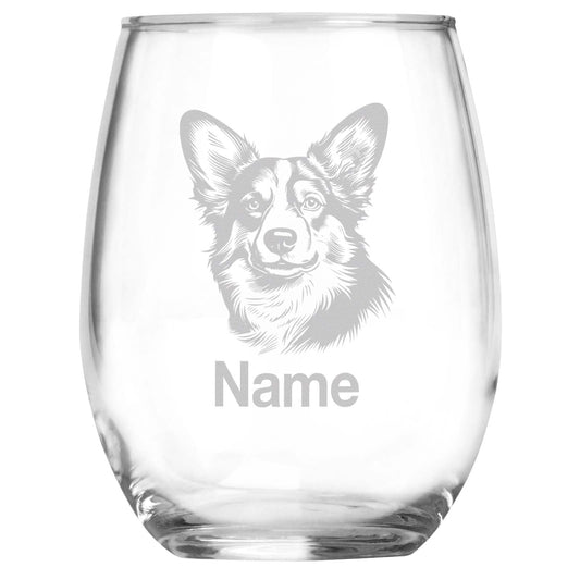 Personalized Pembroke Welsh Corgi Breed Themed Stemless Wine Glass with Custom Name, Engraved Dog Lovers Gift, Unique Pet Owner Keepsake for Dog Mom or Dad