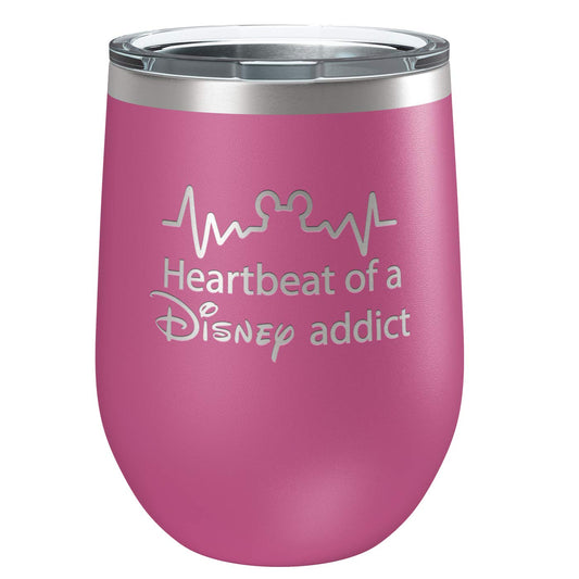 Funny Disney-Inspired Stainless Steel Wine Tumbler with Lid | Vacuum Insulated Mug | Mickey Mouse Fan | Humorous Birthday | Housewarming Gift | Heartbeat of a Disney Addict (Pink)