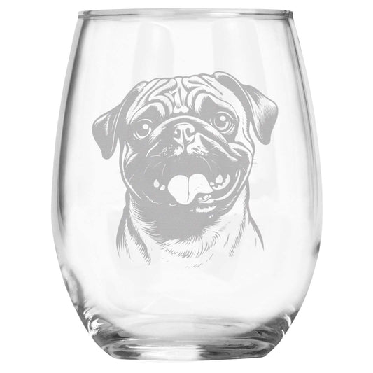 Pug Breed Themed Engraved Stemless Wine Glass, Unique Pet Gift for Pug Mom/Dad, Dog Lover Gifts for Her/Him