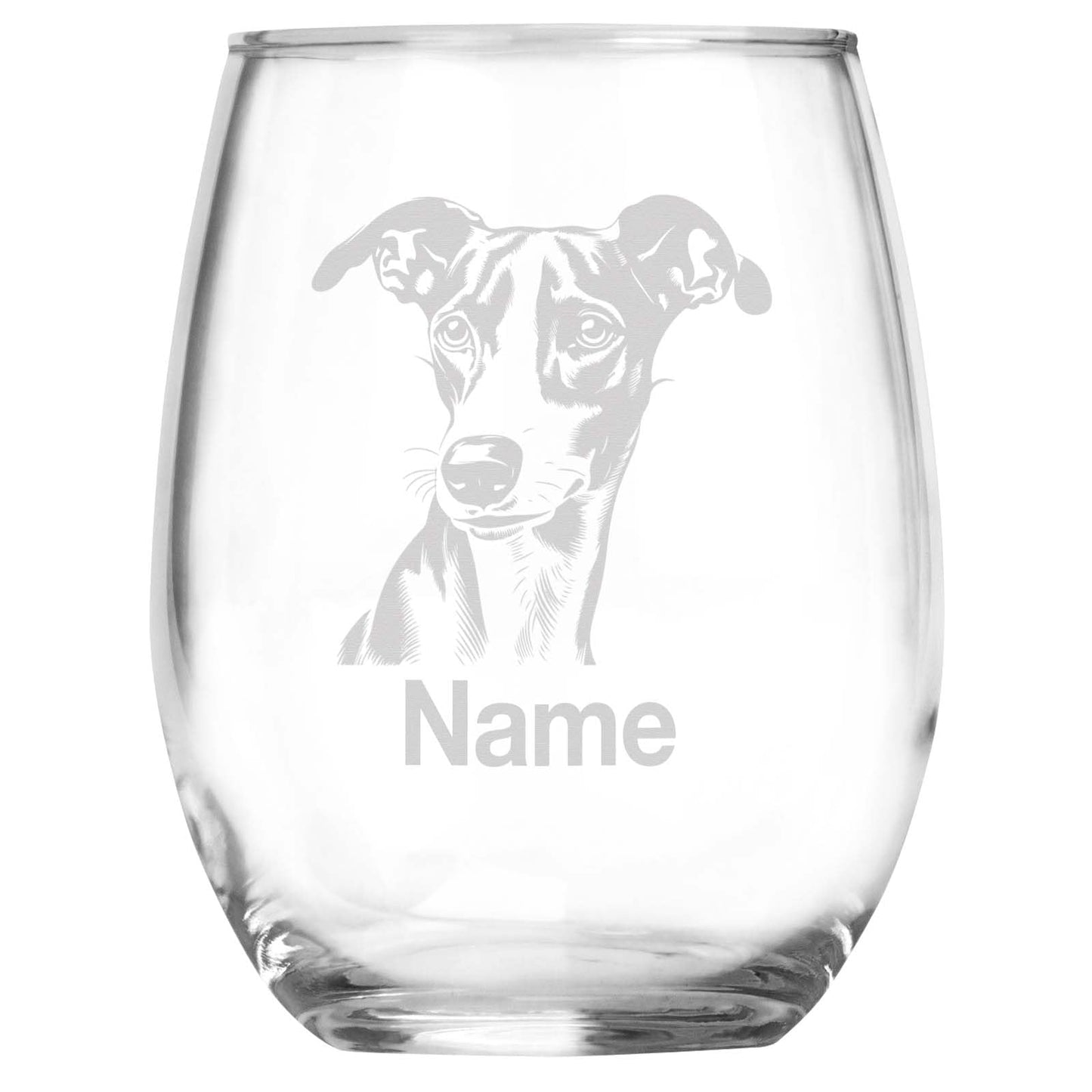 Personalized Whippet Breed Themed Stemless Wine Glass with Custom Name, Engraved Dog Lovers Gift, Unique Pet Owner Keepsake for Dog Mom or Dad