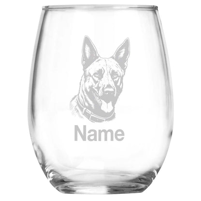 Personalized Belgian Malinois Breed Themed Stemless Wine Glass with Custom Name, Engraved Dog Lovers Gift, Unique Pet Owner Keepsake for Dog Mom or Dad